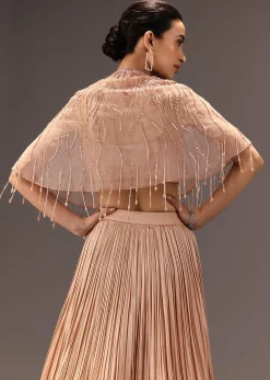 Nude Ruched Blouse With Cape And Layered Skirt