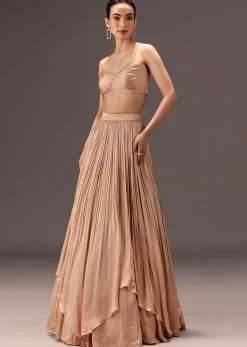 Nude Ruched Blouse With Cape And Layered Skirt