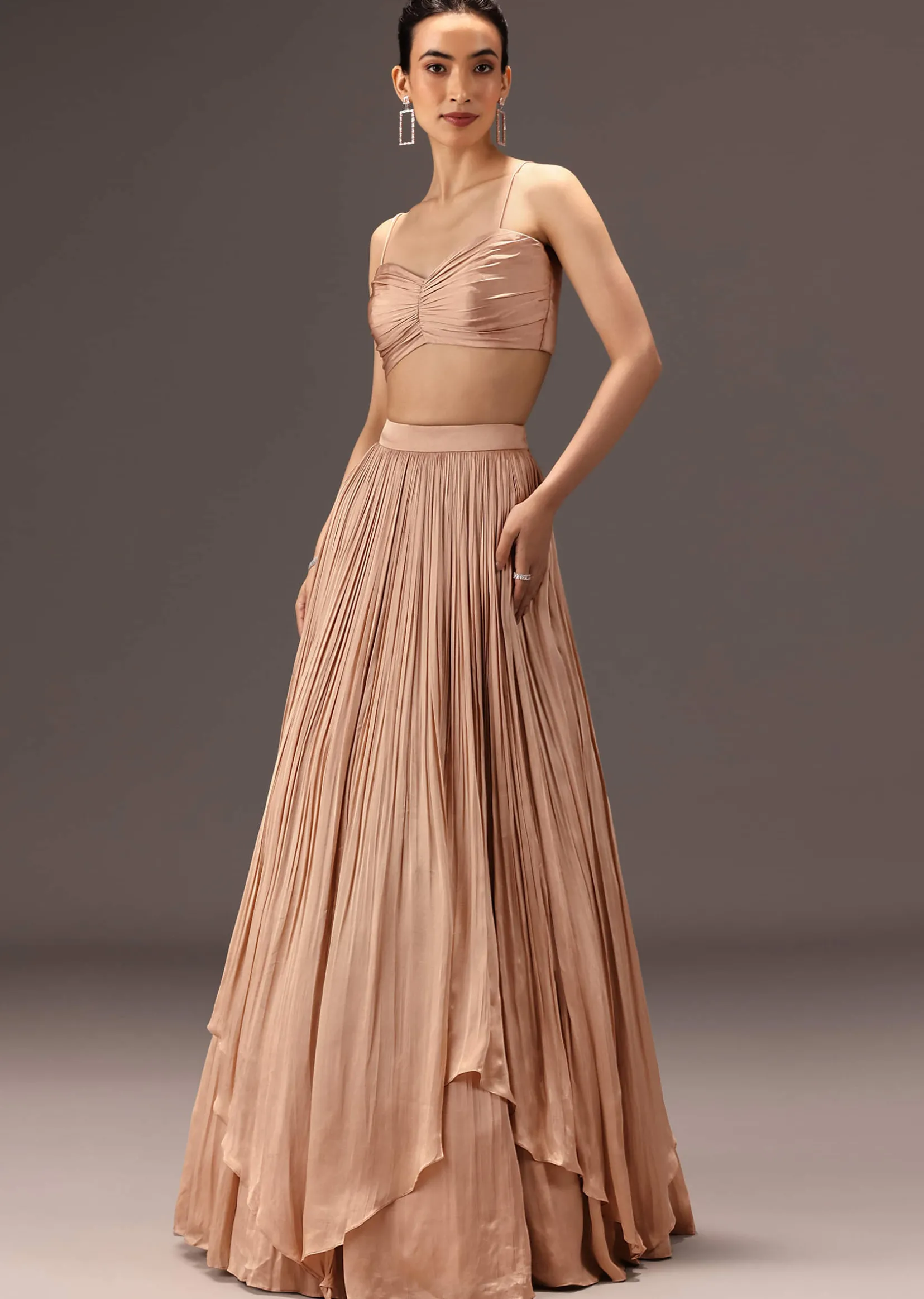 Nude Ruched Blouse With Cape And Layered Skirt