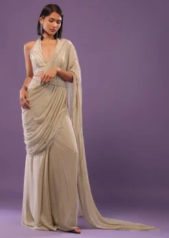 Nude White Embroidered Ready-Pleated Saree In Crepe