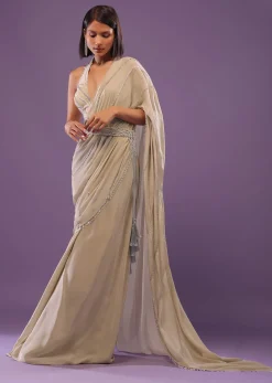 Nude White Embroidered Ready-Pleated Saree In Crepe