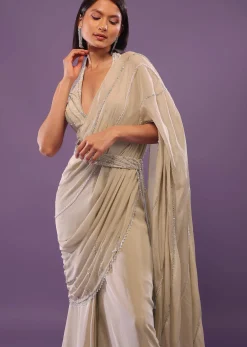 Nude White Embroidered Ready-Pleated Saree In Crepe