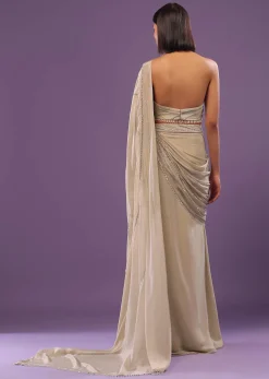 Nude White Embroidered Ready-Pleated Saree In Crepe
