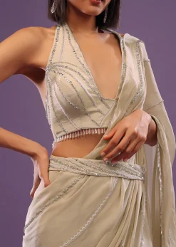 Nude White Embroidered Ready-Pleated Saree In Crepe