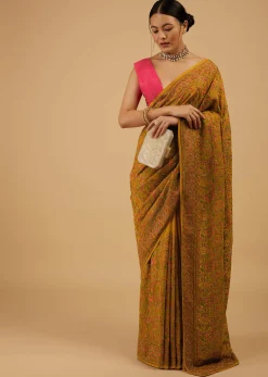Ocher Yellow Festive Saree Kashmiri Embroidered In Georgette