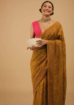 Ocher Yellow Festive Saree Kashmiri Embroidered In Georgette