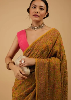 Ocher Yellow Festive Saree Kashmiri Embroidered In Georgette