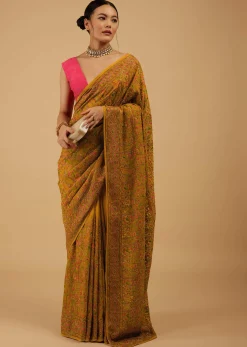 Ocher Yellow Festive Saree Kashmiri Embroidered In Georgette