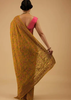 Ocher Yellow Festive Saree Kashmiri Embroidered In Georgette