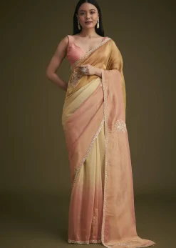 Ochre Yellow Triple Tone Tissue Saree