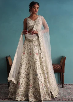 Off White 12 Kali Bridal Embroidered Lehenga In Raw Silk With Floral Handwork