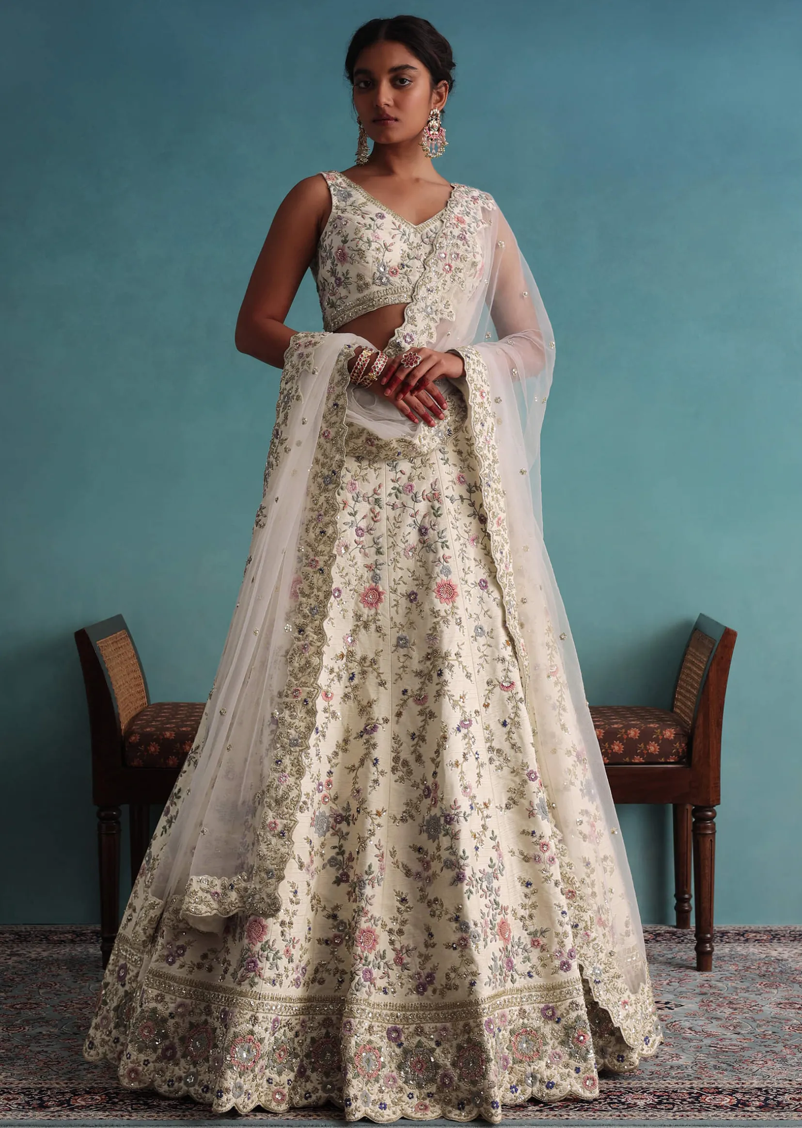 Off White 12 Kali Bridal Embroidered Lehenga In Raw Silk With Floral Handwork
