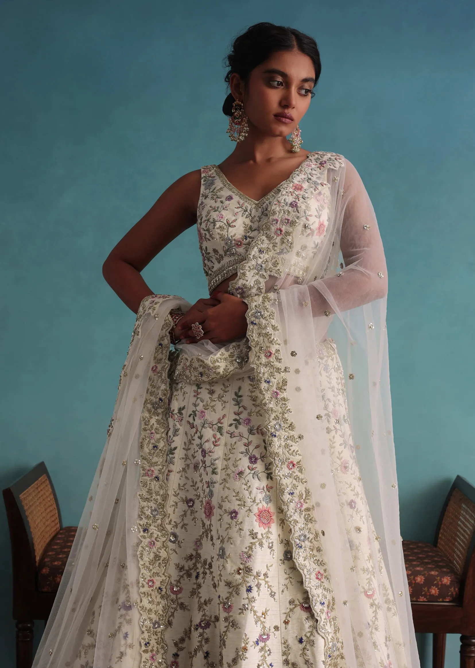 Off White 12 Kali Bridal Embroidered Lehenga In Raw Silk With Floral Handwork