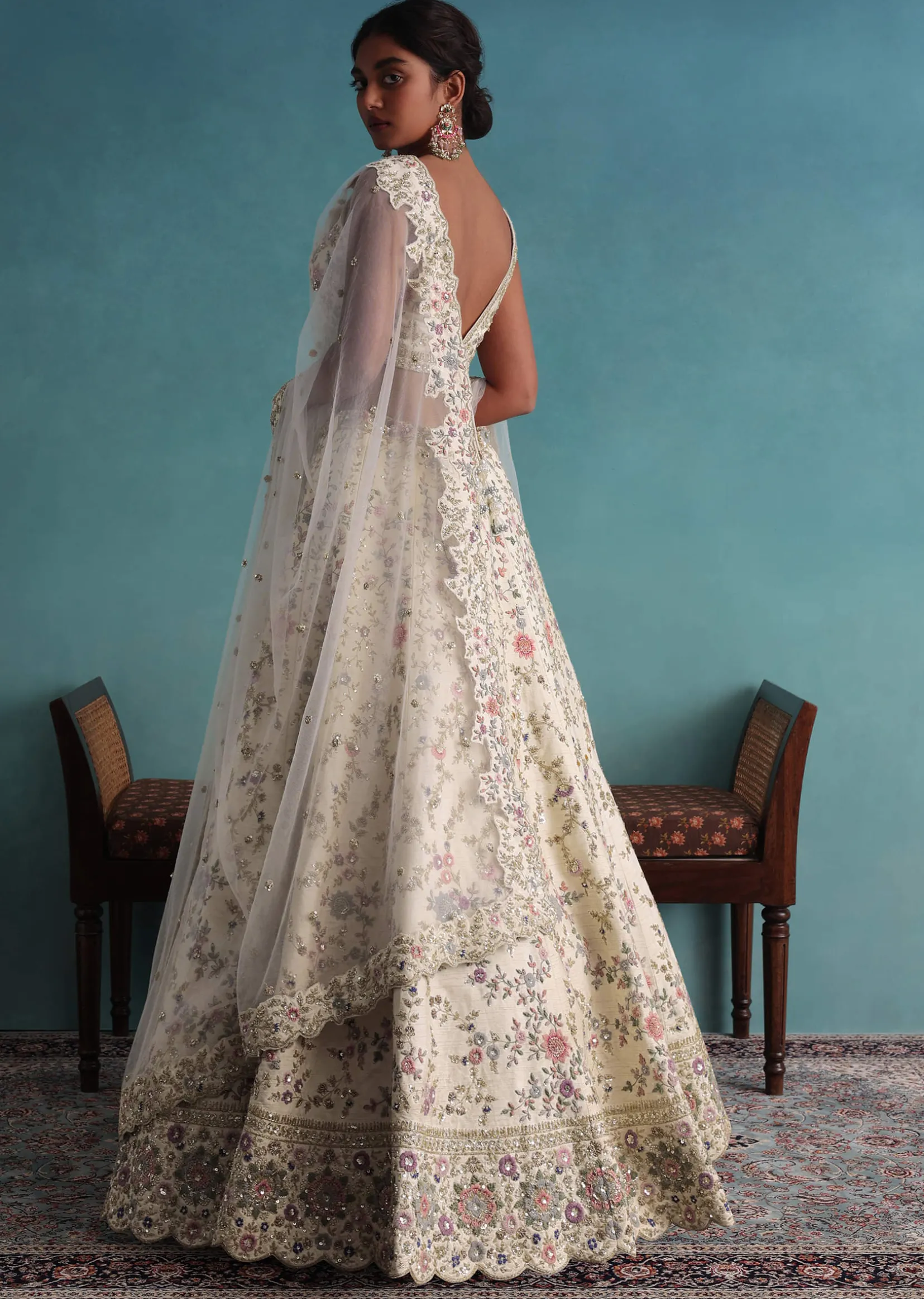 Off White 12 Kali Bridal Embroidered Lehenga In Raw Silk With Floral Handwork
