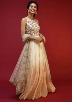 Off White Anarkali Suit With Halter Neckline And Adorned In Multicolored Hand Embroidered Floral Design On The Bodice