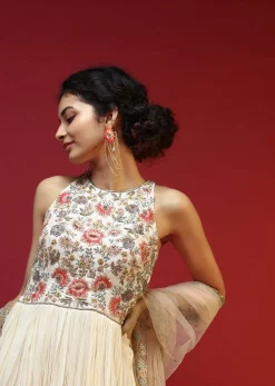 Off White Anarkali Suit With Halter Neckline And Adorned In Multicolored Hand Embroidered Floral Design On The Bodice