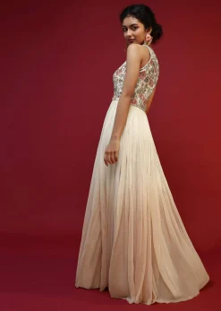 Off White Anarkali Suit With Halter Neckline And Adorned In Multicolored Hand Embroidered Floral Design On The Bodice