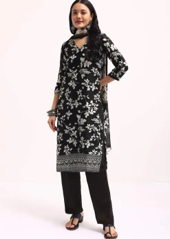 Off White And Black Printed Chanderi Kurta Set With Dupatta