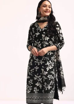 Off White And Black Printed Chanderi Kurta Set With Dupatta