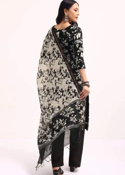 Off White And Black Printed Chanderi Kurta Set With Dupatta