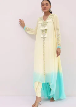 Off White And Blue Georgette Kurta Dhoti