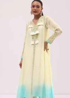 Off White And Blue Georgette Kurta Dhoti