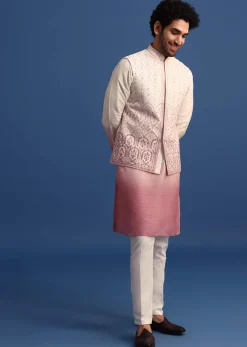 Off White And Pink Ombre Kurta Set With Mirror Work Jacket