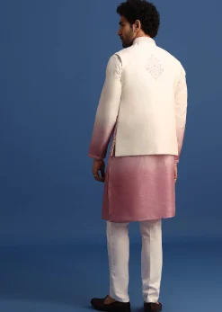 Off White And Pink Ombre Kurta Set With Mirror Work Jacket