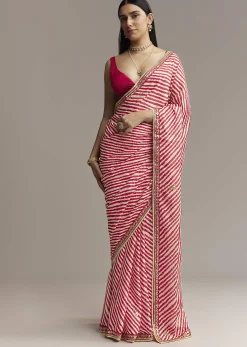 Off White And Red Striped Chinnon Saree With Gota Work
