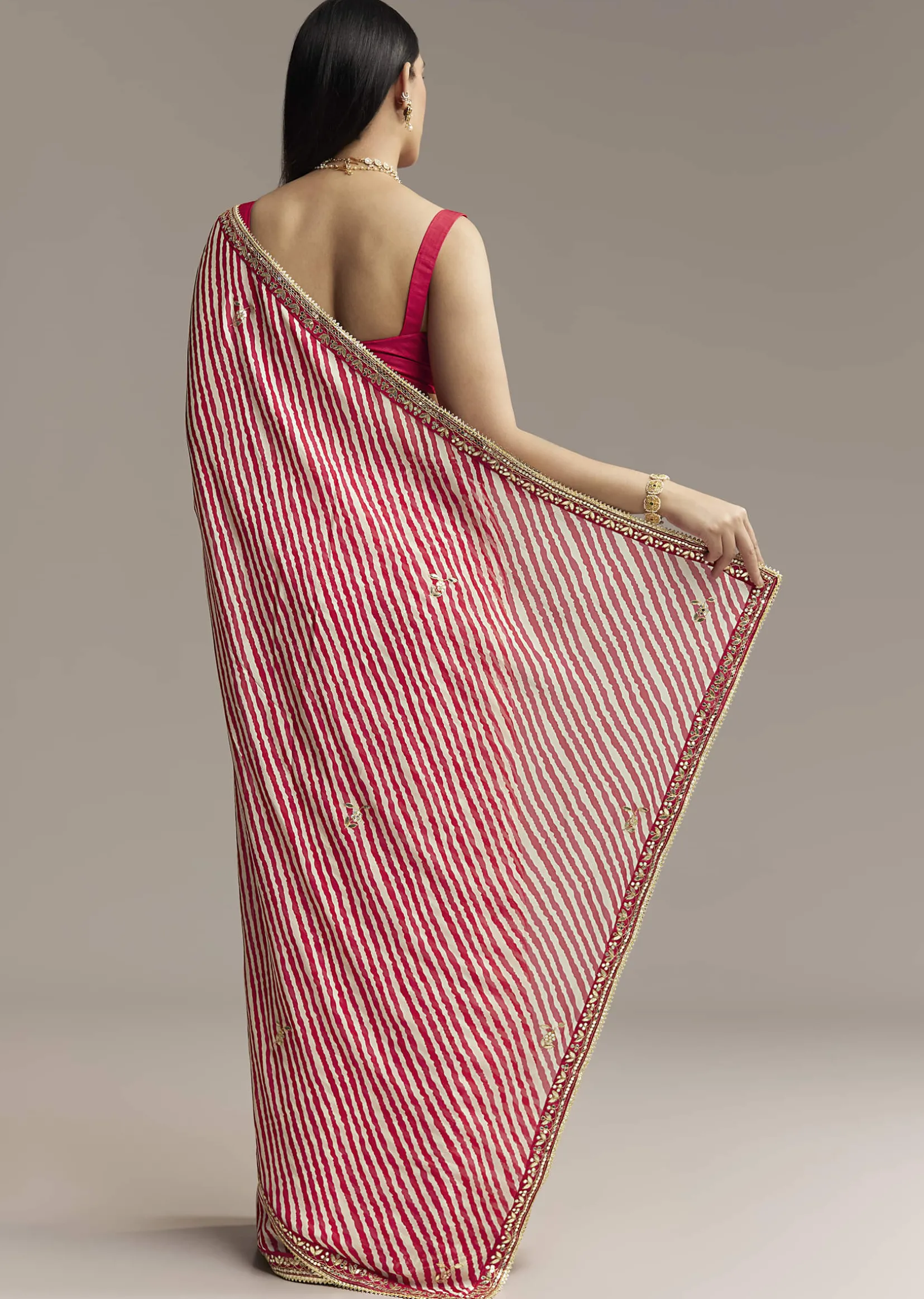 Off White And Red Striped Chinnon Saree With Gota Work