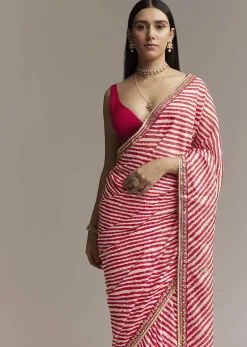 Off White And Red Striped Chinnon Saree With Gota Work