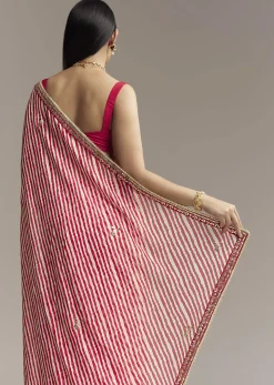Off White And Red Striped Chinnon Saree With Gota Work