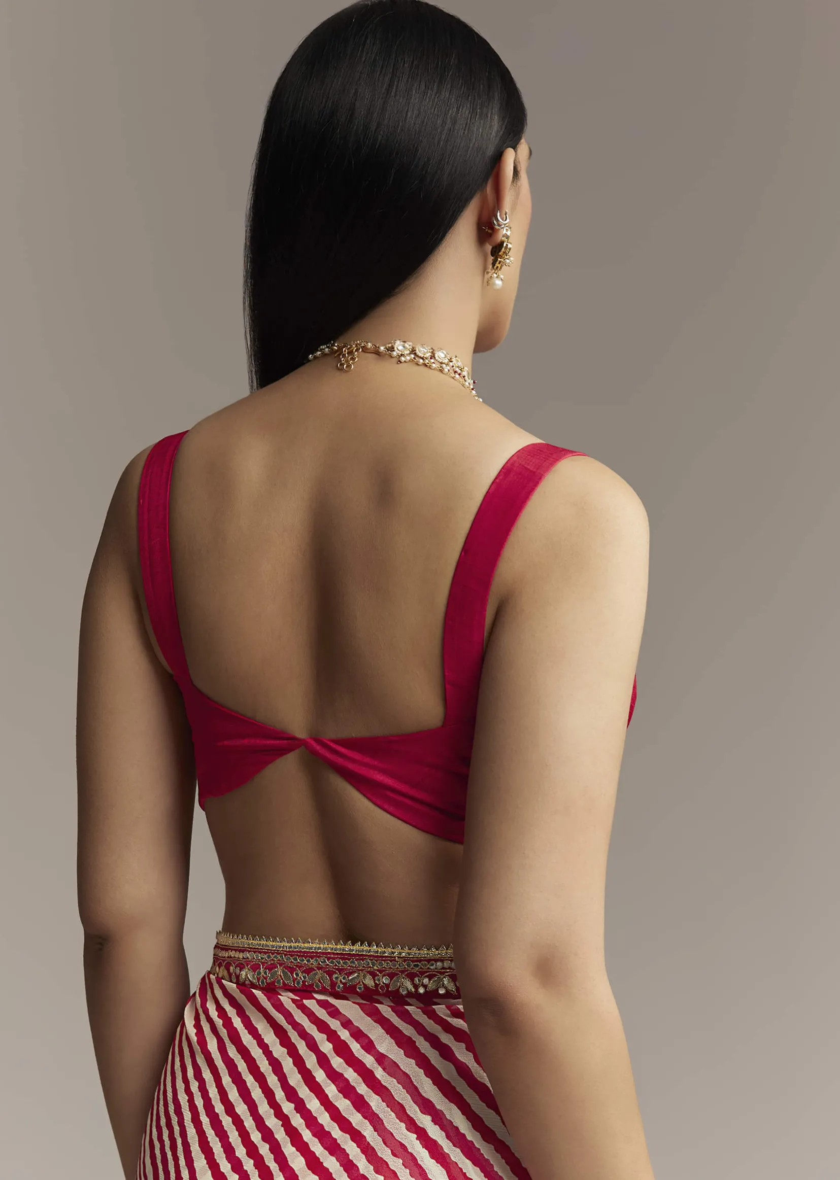 Off White And Red Striped Chinnon Saree With Gota Work