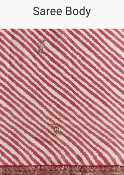 Off White And Red Striped Chinnon Saree With Gota Work