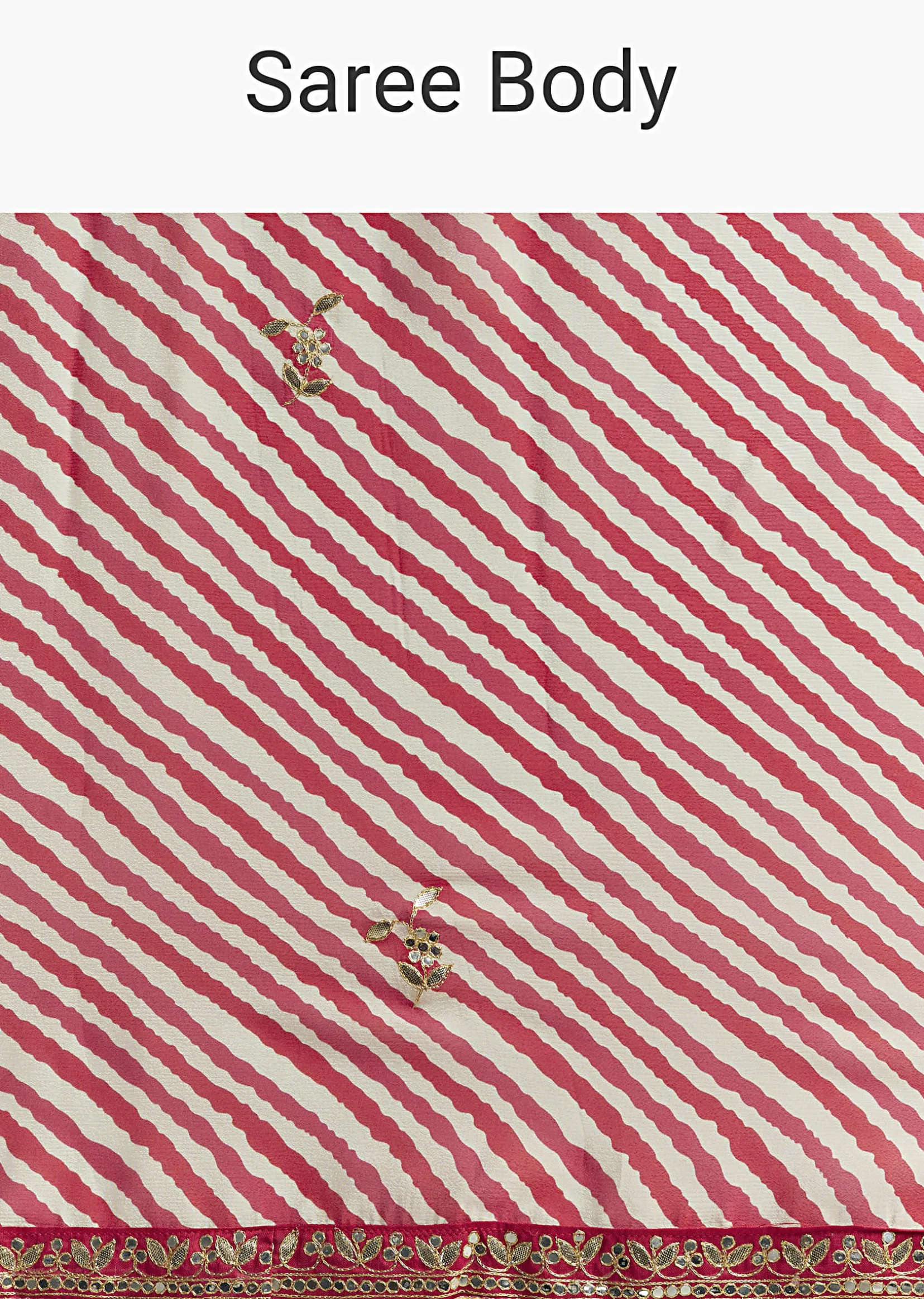 Off White And Red Striped Chinnon Saree With Gota Work