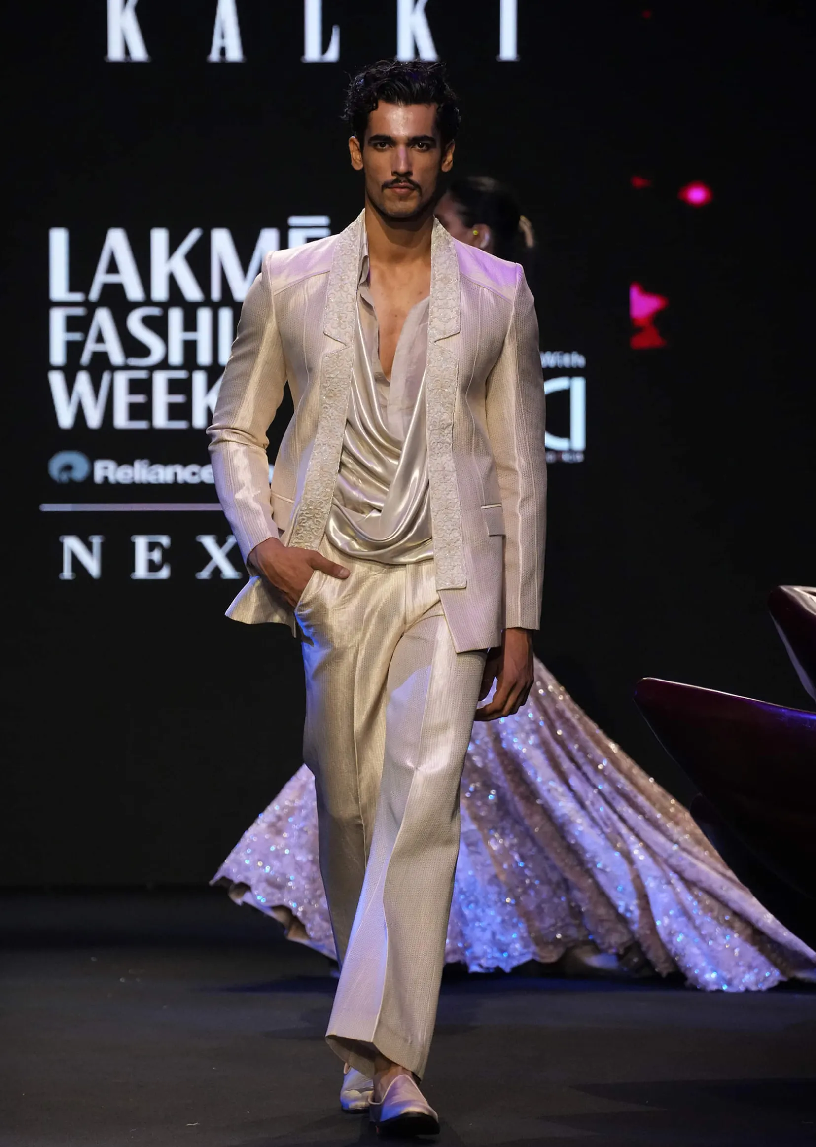 Off White Banarasi Embroidered Jacket With Cowl Drape Shirt