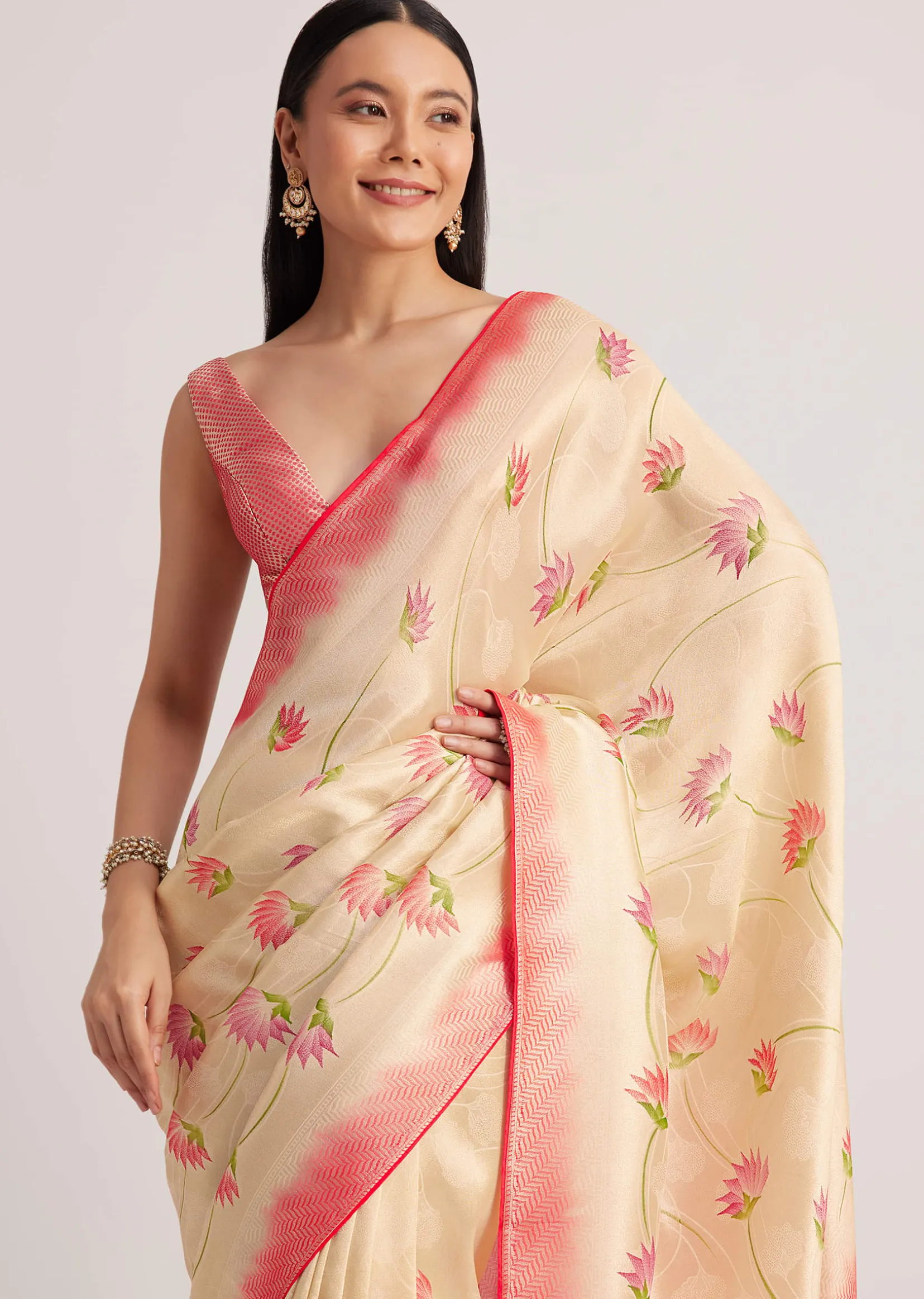 Off White Banarasi Silk Saree With Woven Contrast Red Border