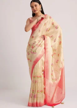 Off White Banarasi Silk Saree With Woven Contrast Red Border