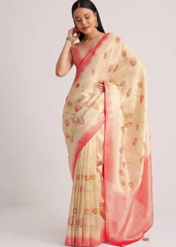 Off White Banarasi Silk Saree With Woven Contrast Red Border