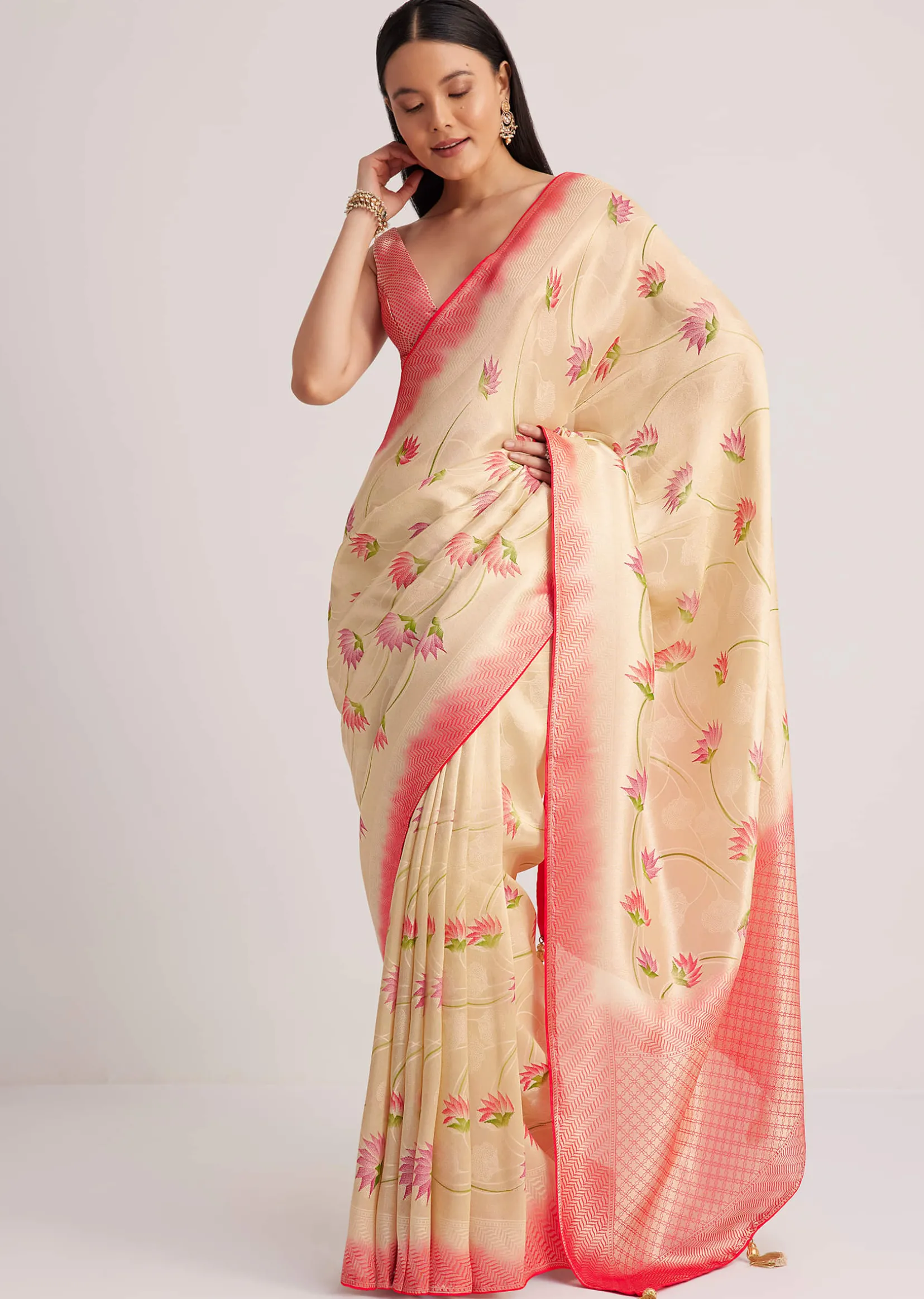 Off White Banarasi Silk Saree With Woven Contrast Red Border
