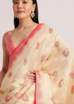 Off White Banarasi Silk Saree With Woven Contrast Red Border