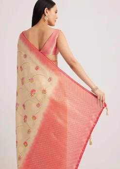Off White Banarasi Silk Saree With Woven Contrast Red Border