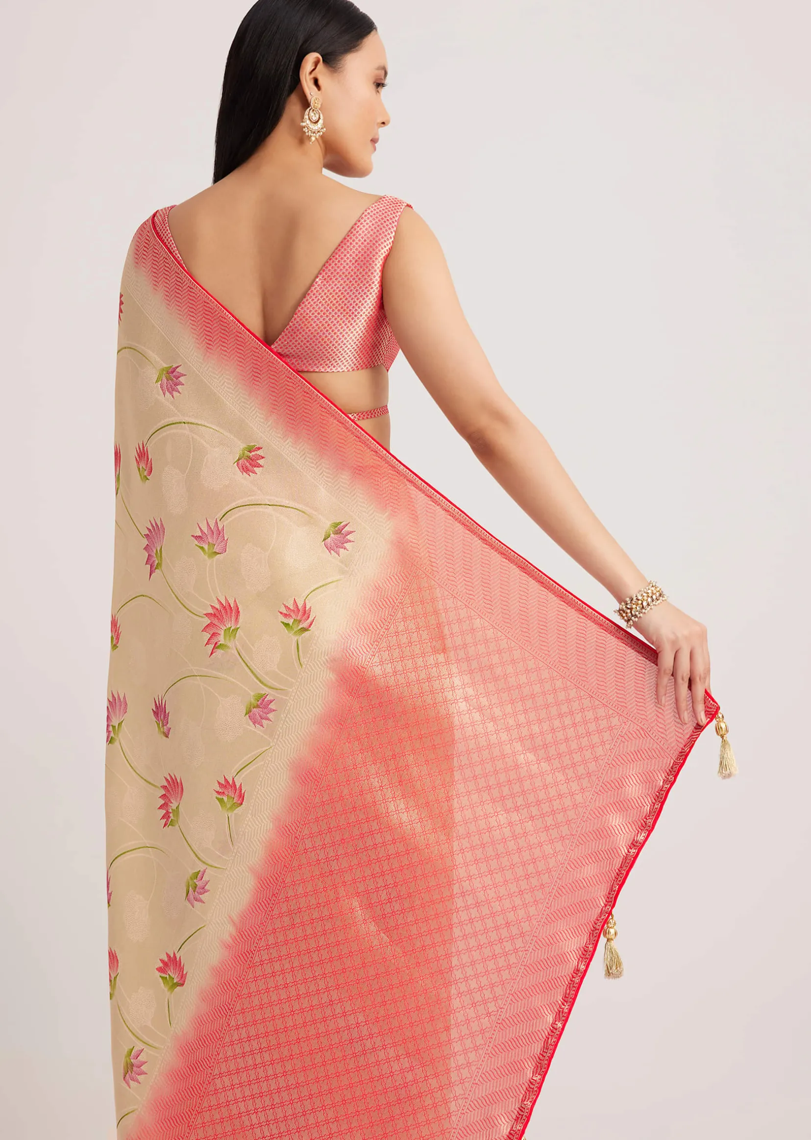 Off White Banarasi Silk Saree With Woven Contrast Red Border