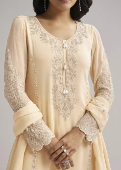 Off White Beaded Kurti Pant Set With Dupatta