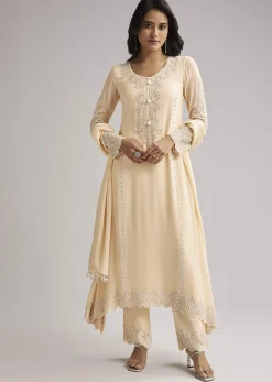 Off White Beaded Kurti Pant Set With Dupatta