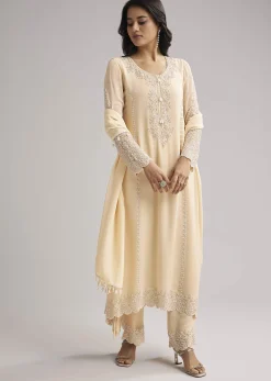 Off White Beaded Kurti Pant Set With Dupatta