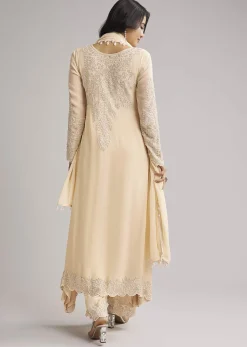 Off White Beaded Kurti Pant Set With Dupatta