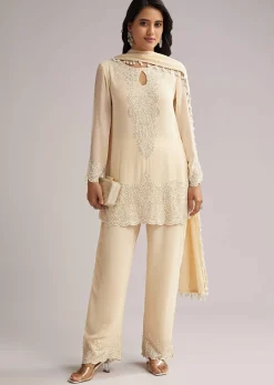 Off White Beaded Short Kurti Pant Set With Dupatta