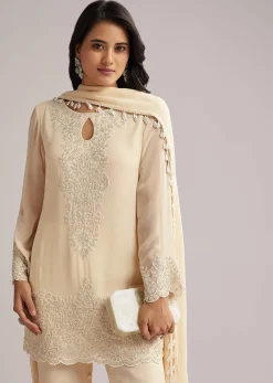 Off White Beaded Short Kurti Pant Set With Dupatta