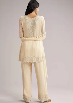 Off White Beaded Short Kurti Pant Set With Dupatta